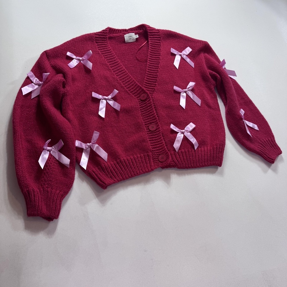 Luna Ivy Cardigan Sweater Womens Small Pink Bow Button V Neck Knit Cropped
